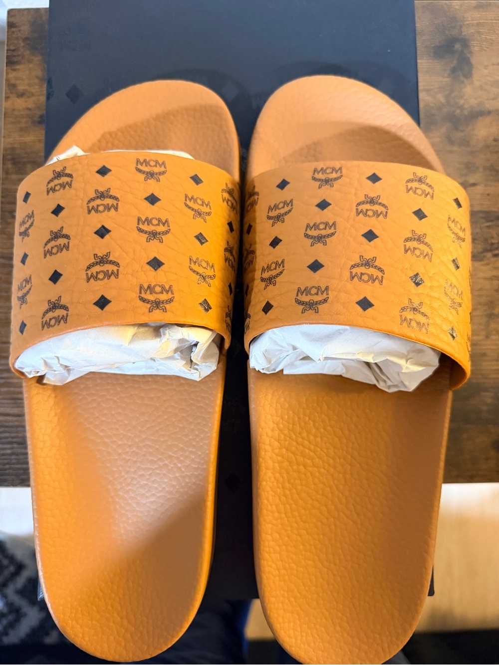 MCM Orange Logo Monogram Slide Sandals